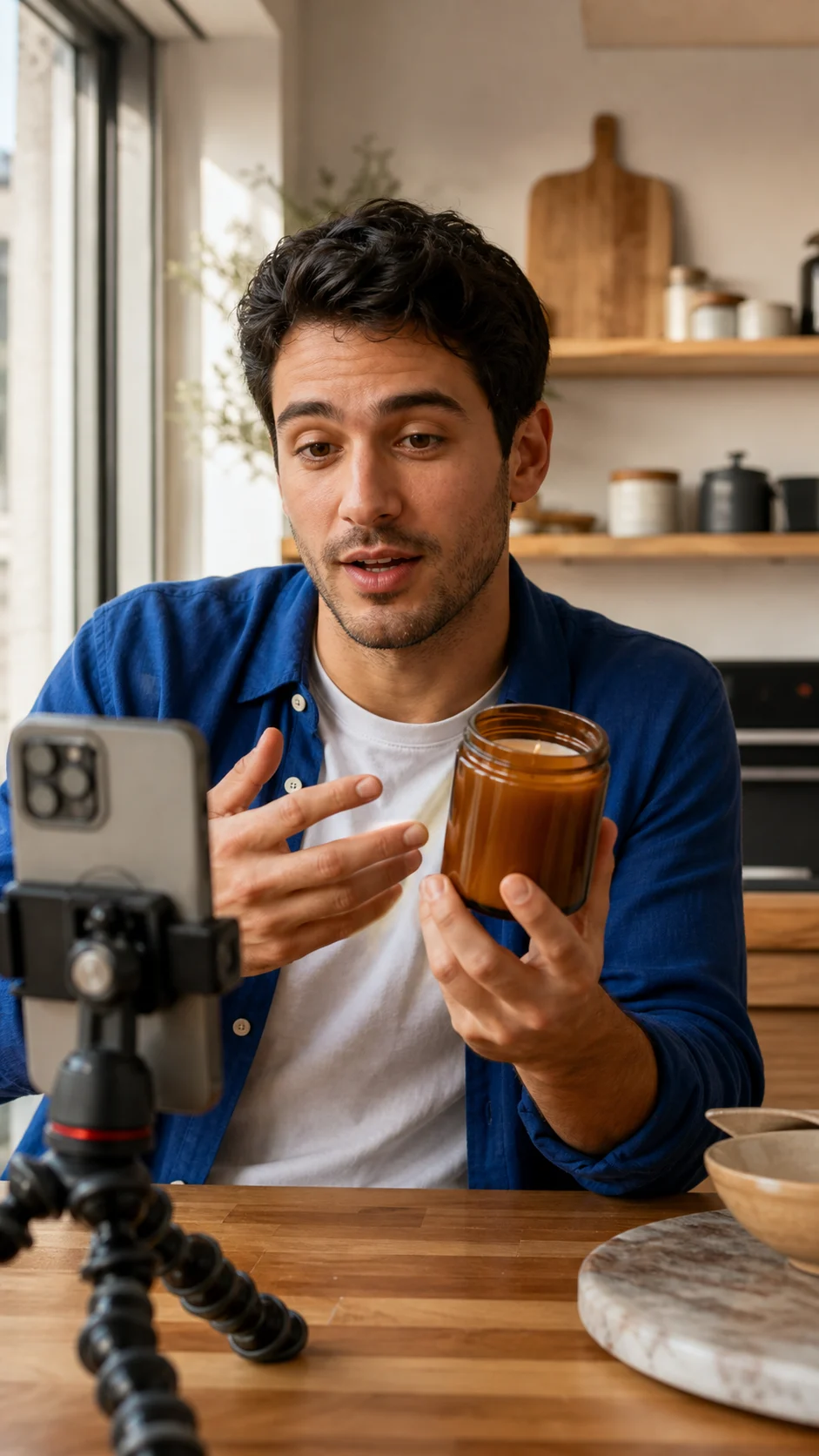 Illustrative creator demonstrating a home fragrance product to camera