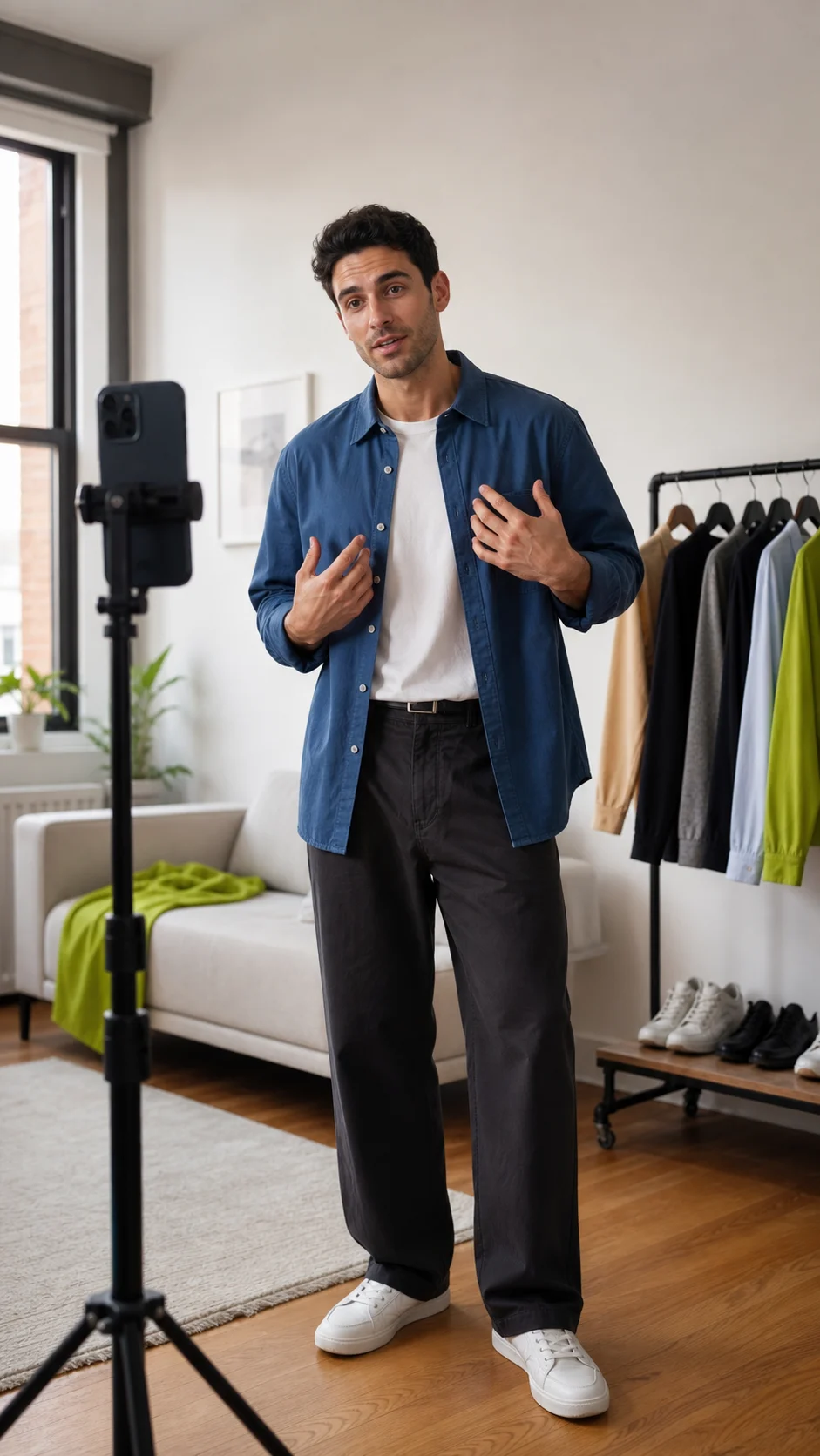 Illustrative fashion creator filming a vertical try-on scene
