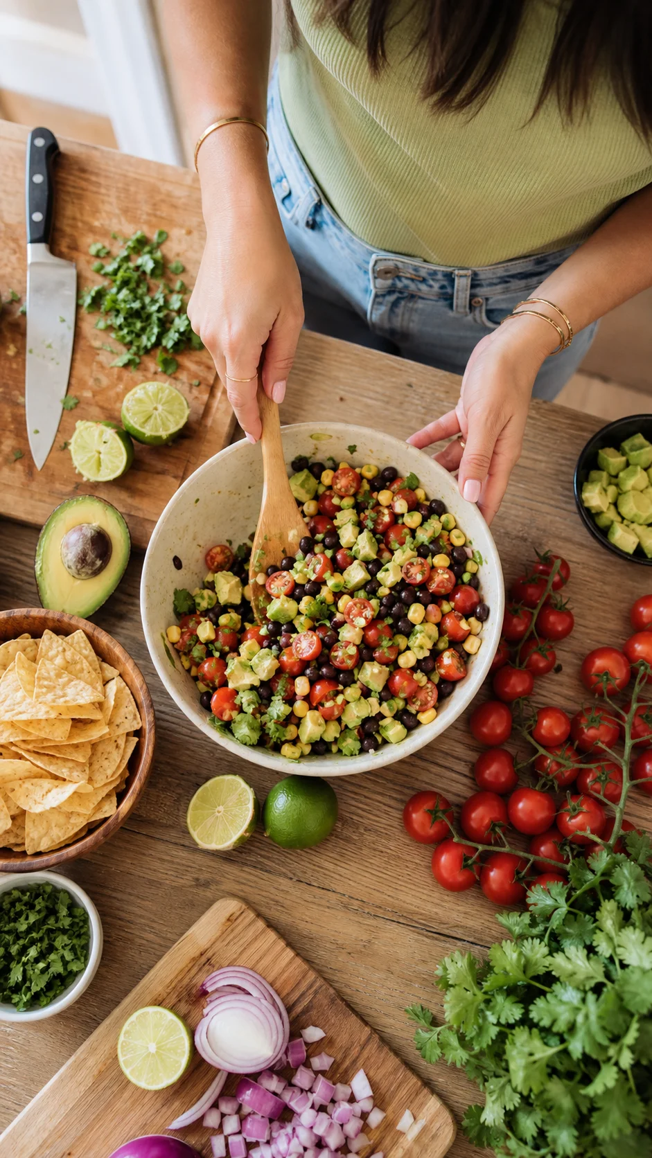 Illustrative food creator filming a recipe in a bright kitchen