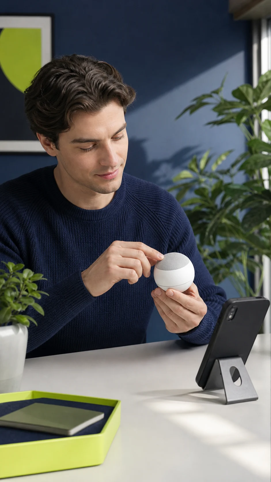 Illustrative creator demonstrating a generic home product beside a phone