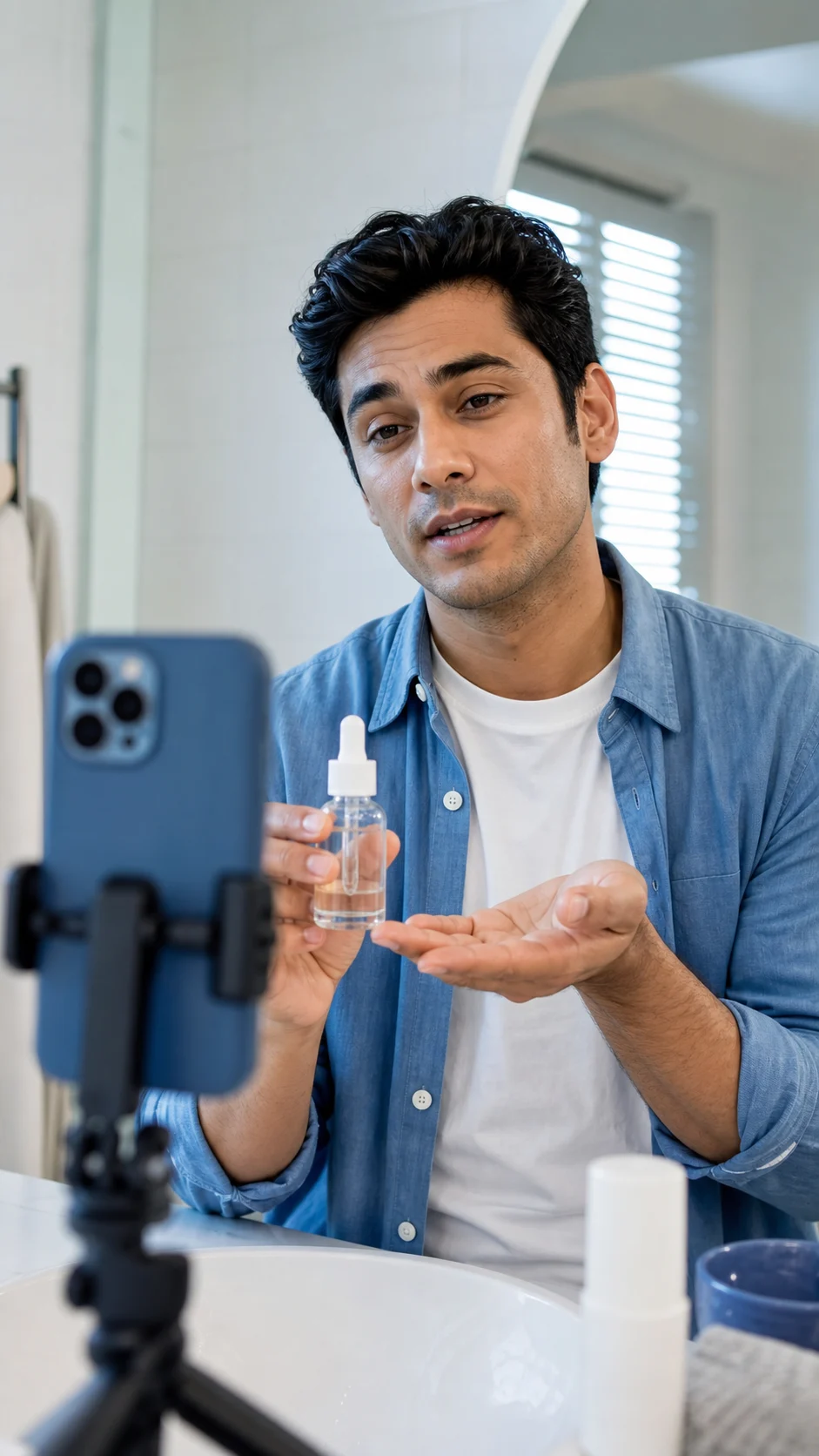 Illustrative creator filming a skincare product demonstration