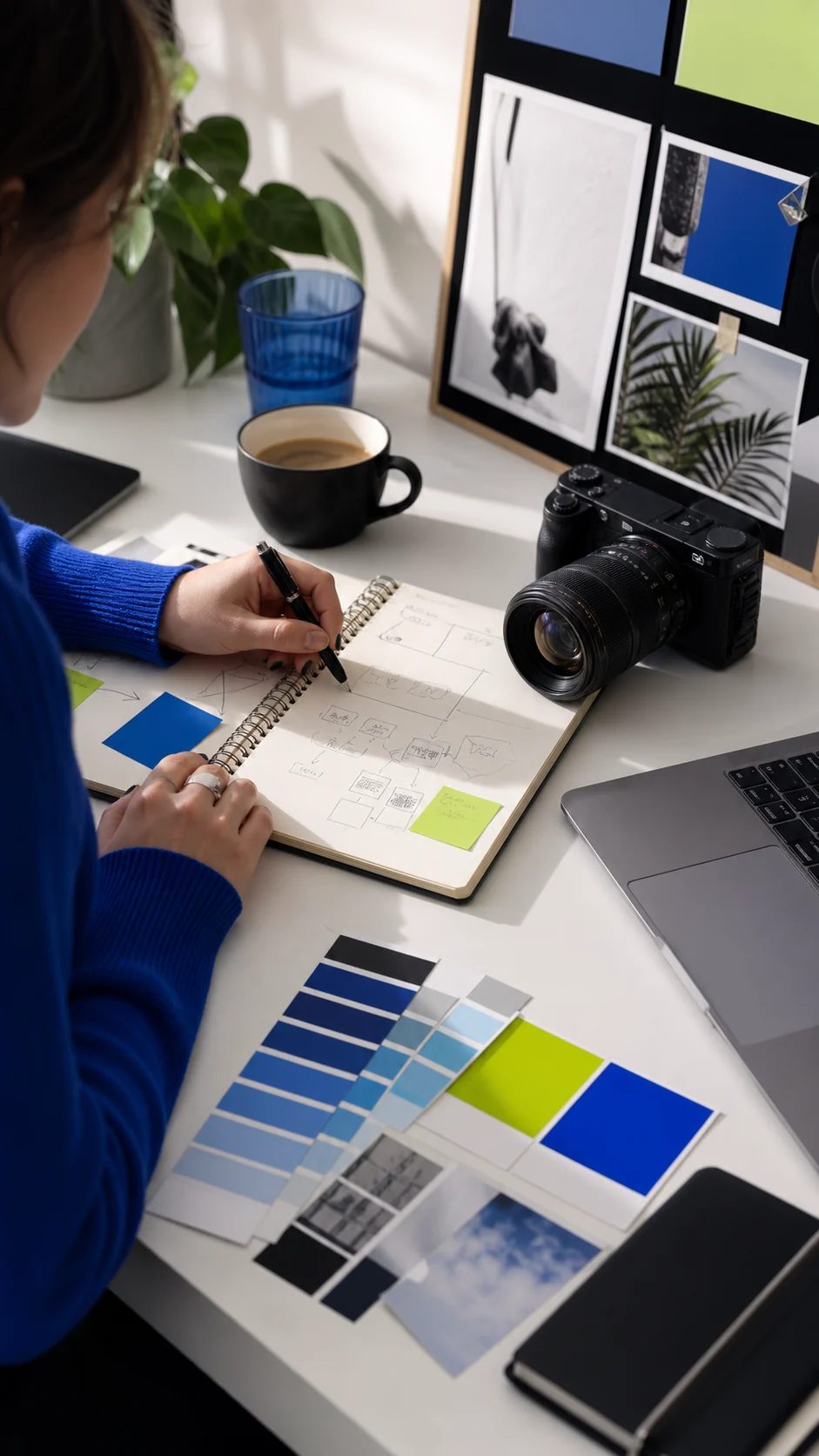 Illustrative creator planning a brand content workflow at a desk